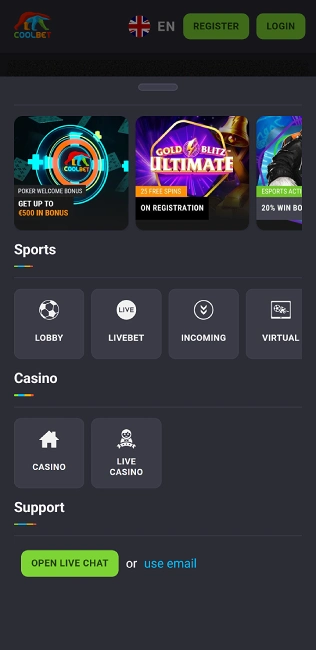 menú en el sitio web del casino coolbet