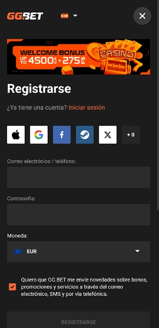 Registro en el sitio web del casino GGBet